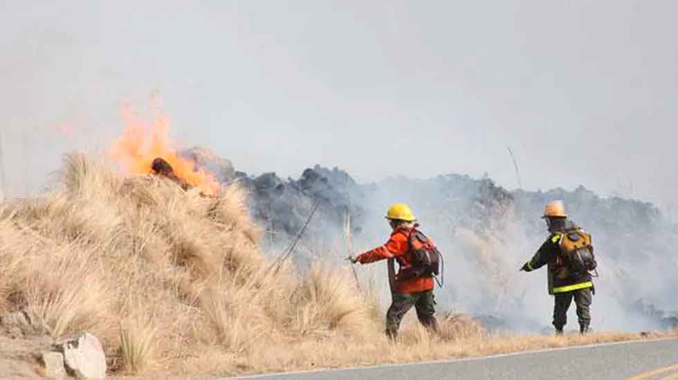 Bomberos Combaten un incendio forestal en las sierras